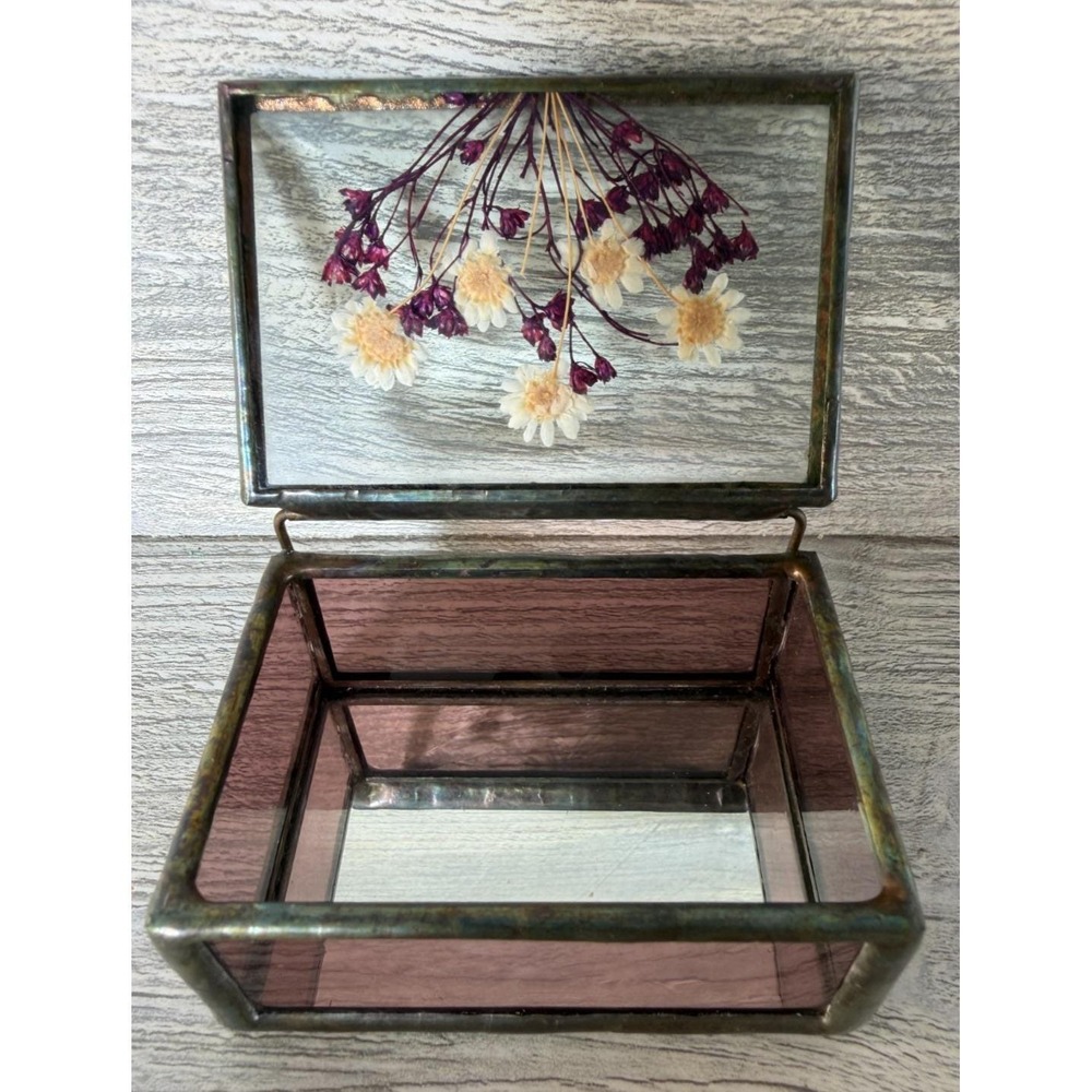 Vtg 1989 Leaded Beveled Glass Stain Glass Dried Flowers Trinket Box Hinged